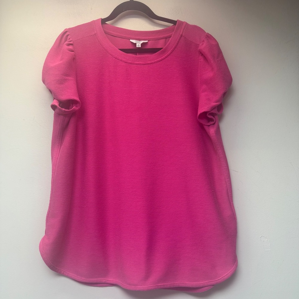 Crown & Ivy Top Womens XL Pink Excellent Ribbed Puff Sleeve Crew Neck Blouse